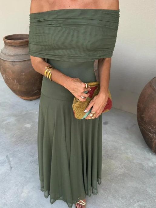 Brown One Shoulder Mesh Maxi Dress-thevervian