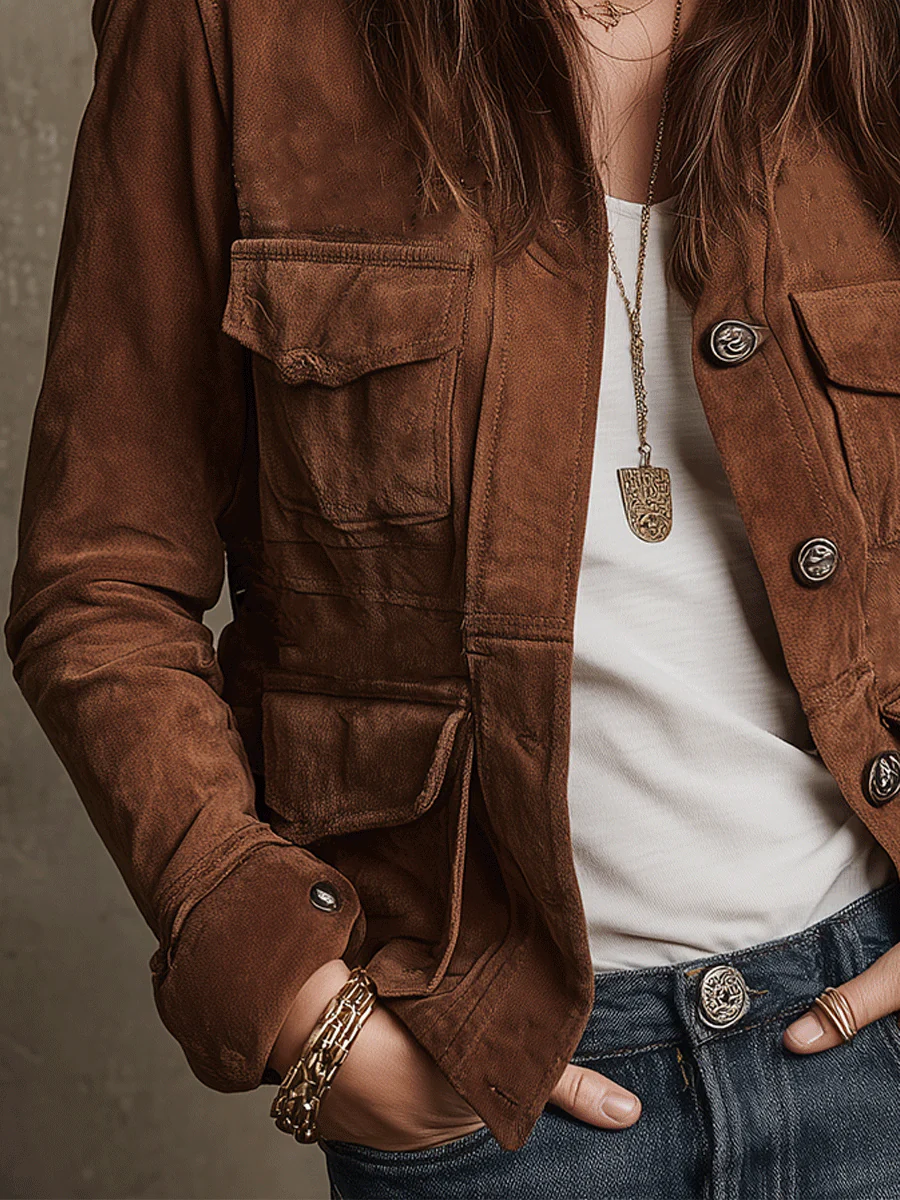 Vintage Brown Faux Suede Multi-Pocket Jacket-thevervian