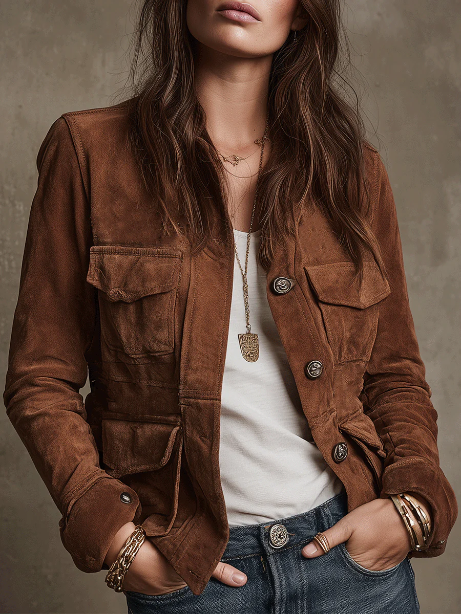 Vintage Brown Faux Suede Multi-Pocket Jacket-thevervian
