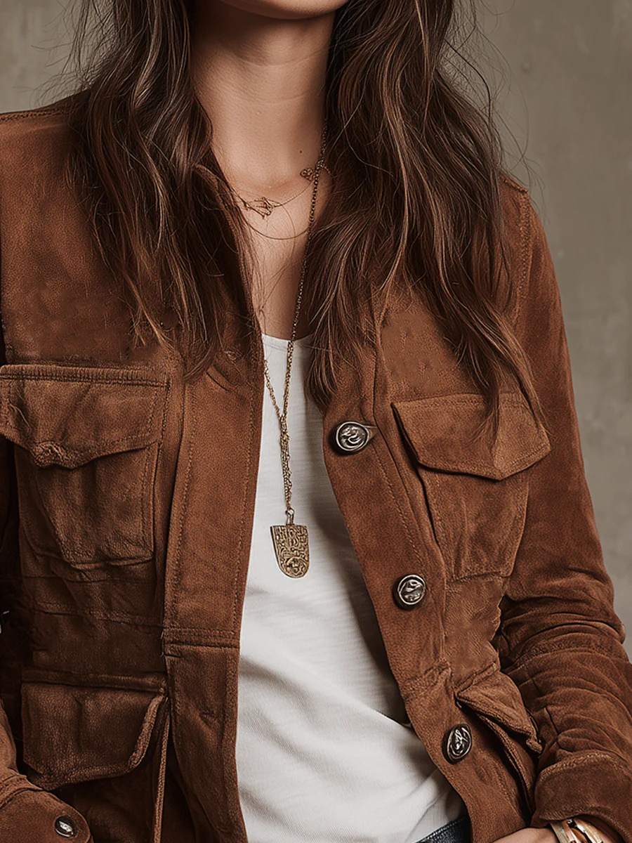 Vintage Brown Faux Suede Multi-Pocket Jacket-thevervian