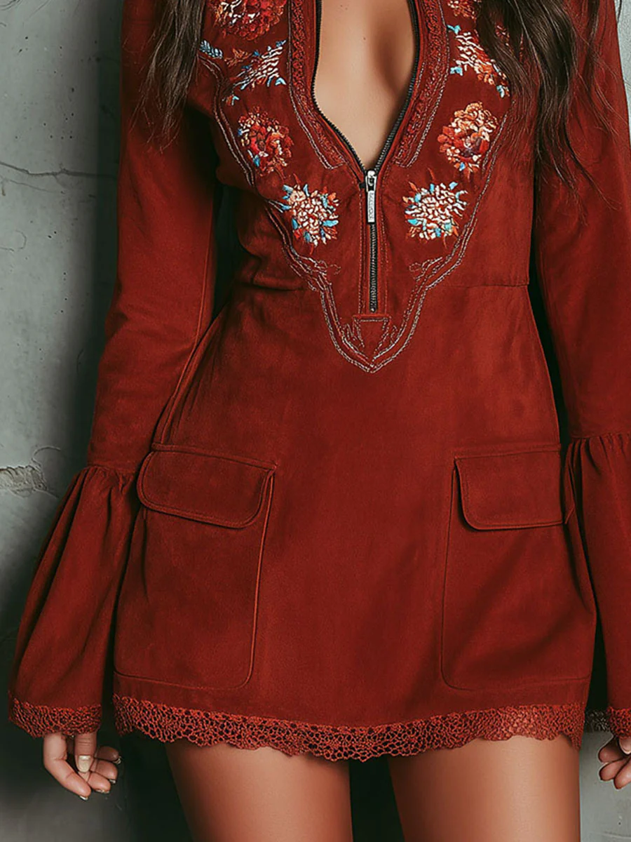 Vintage Rust Red Bell Sleeve Embroidered Faux Suede Lace Mini Dress-thevervian