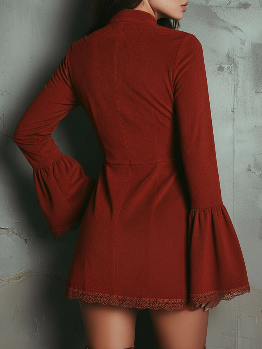 Vintage Rust Red Bell Sleeve Embroidered Faux Suede Lace Mini Dress-thevervian