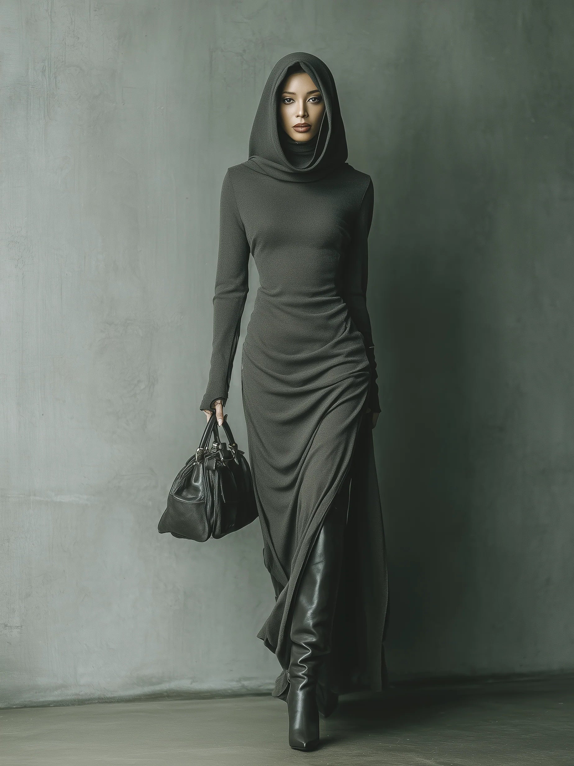 Dark Grey High Elastic Knitted Hooded Maxi Dress-thevervian