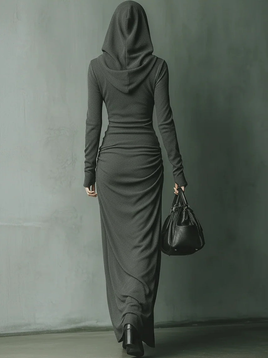 Dark Grey High Elastic Knitted Hooded Maxi Dress-thevervian