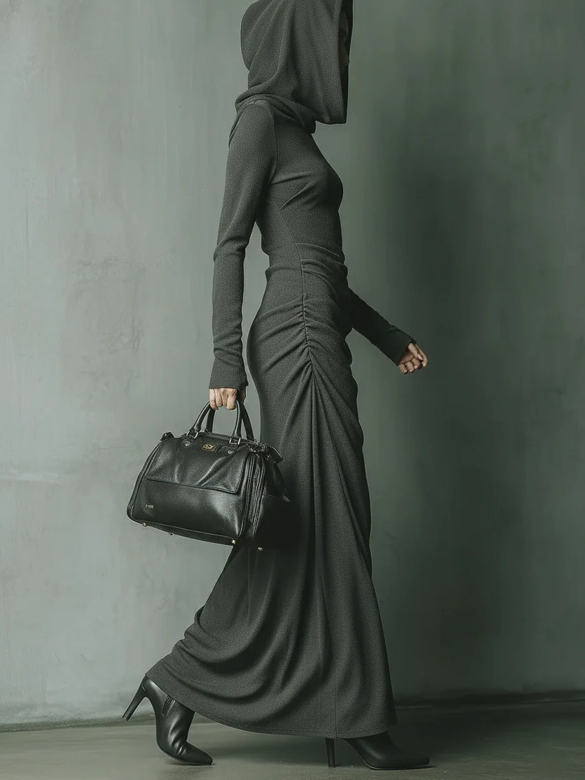 Dark Grey High Elastic Knitted Hooded Maxi Dress-thevervian