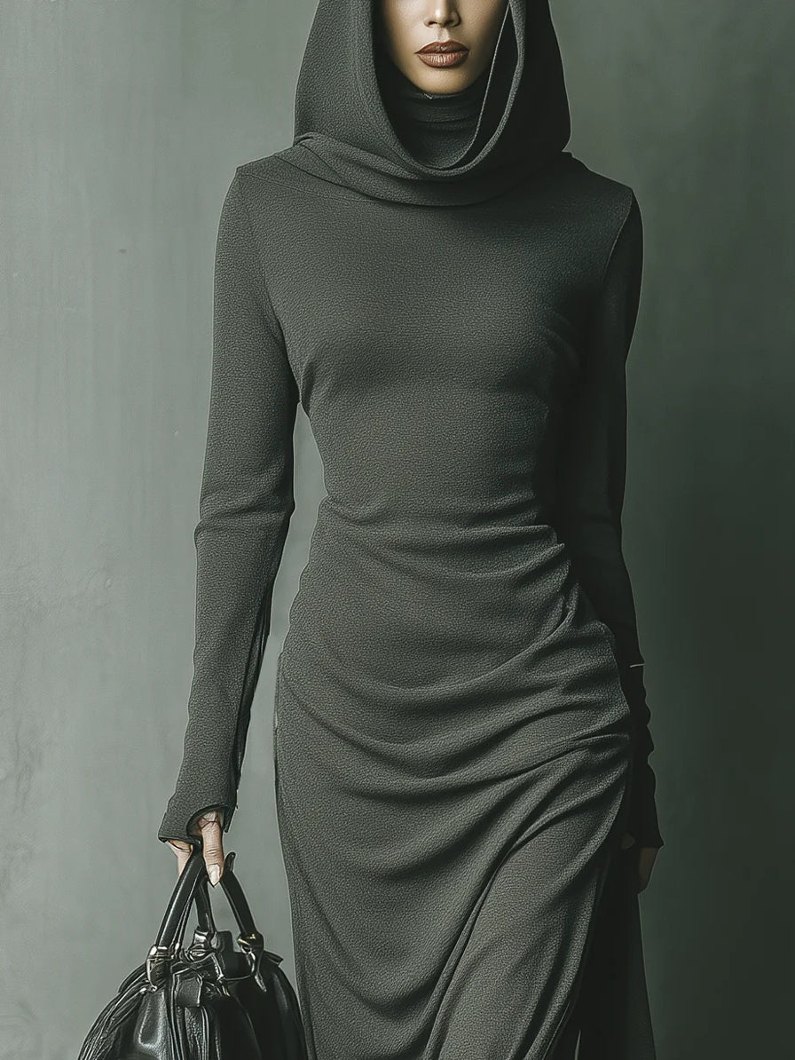 Dark Grey High Elastic Knitted Hooded Maxi Dress-thevervian