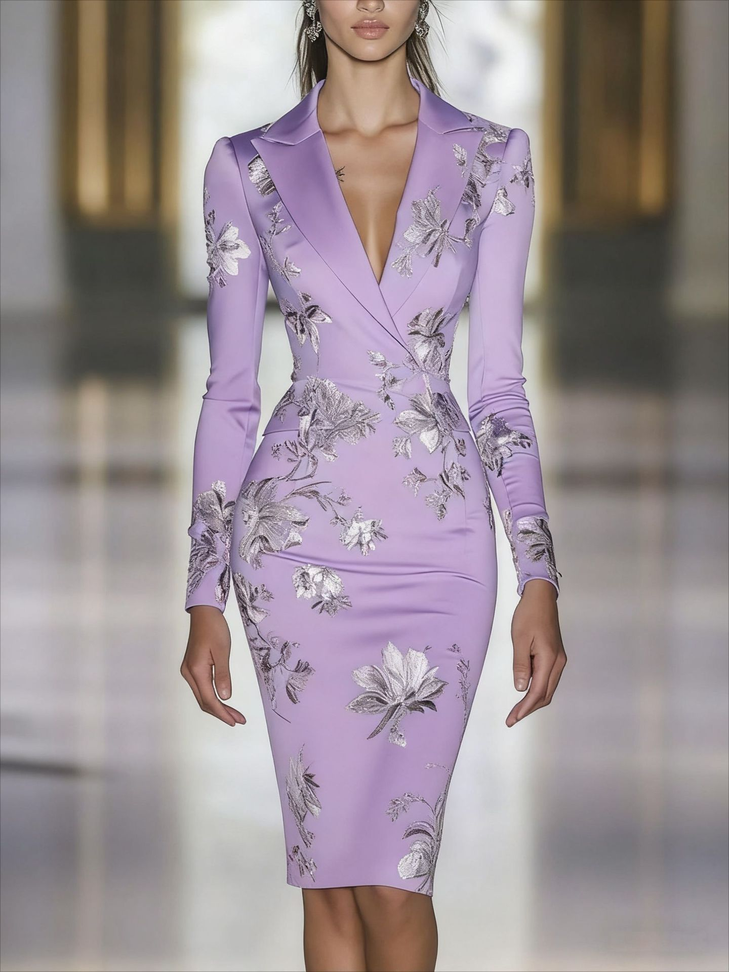 Elegant Blue Floral Print Blazer Midi Dress-thevervian