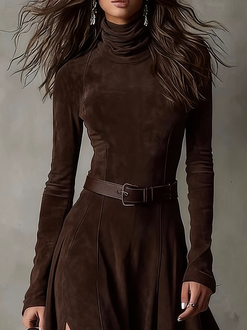 Dark Brown Faux Suede Turtleneck Long Sleeve Slit Maxi Dress（Including belt）-thevervian
