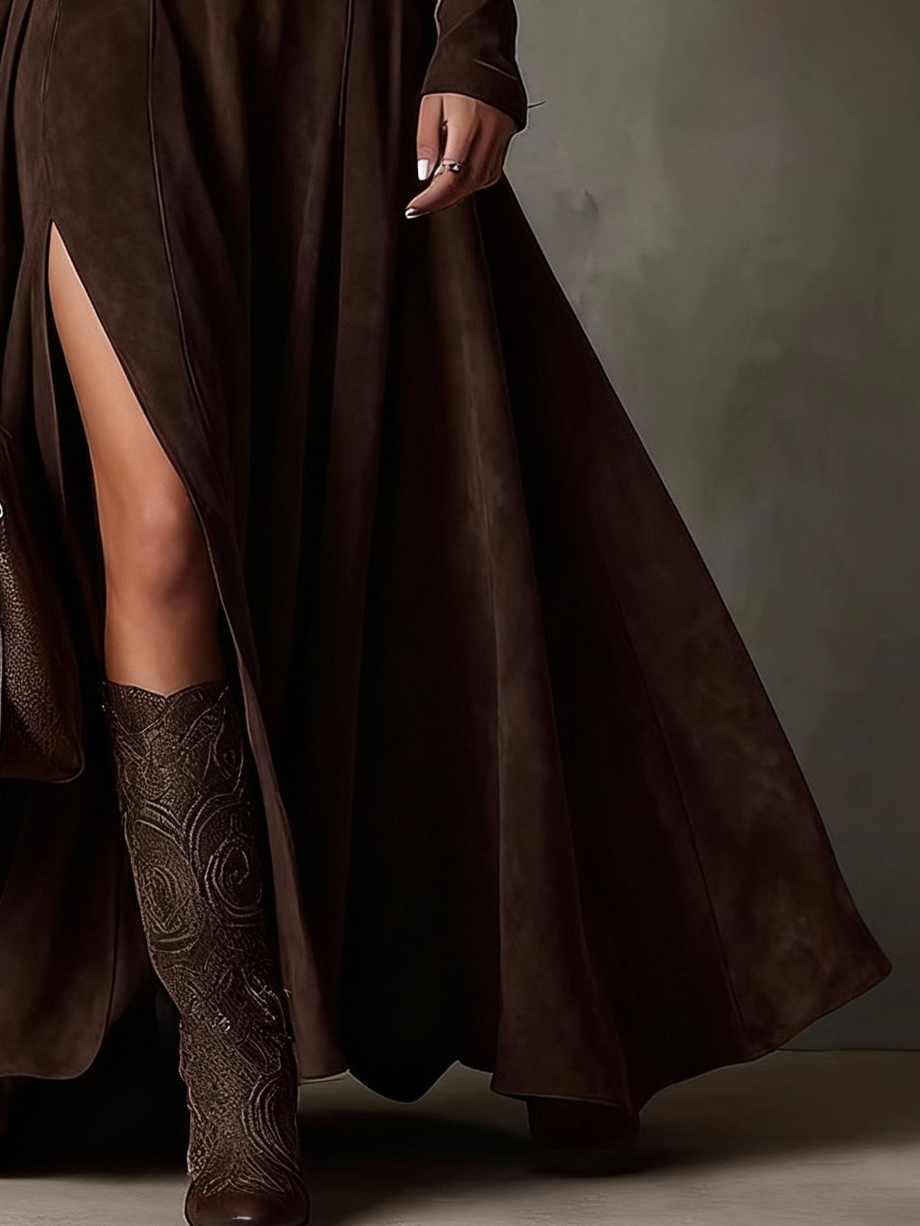 Dark Brown Faux Suede Turtleneck Long Sleeve Slit Maxi Dress（Including belt）-thevervian