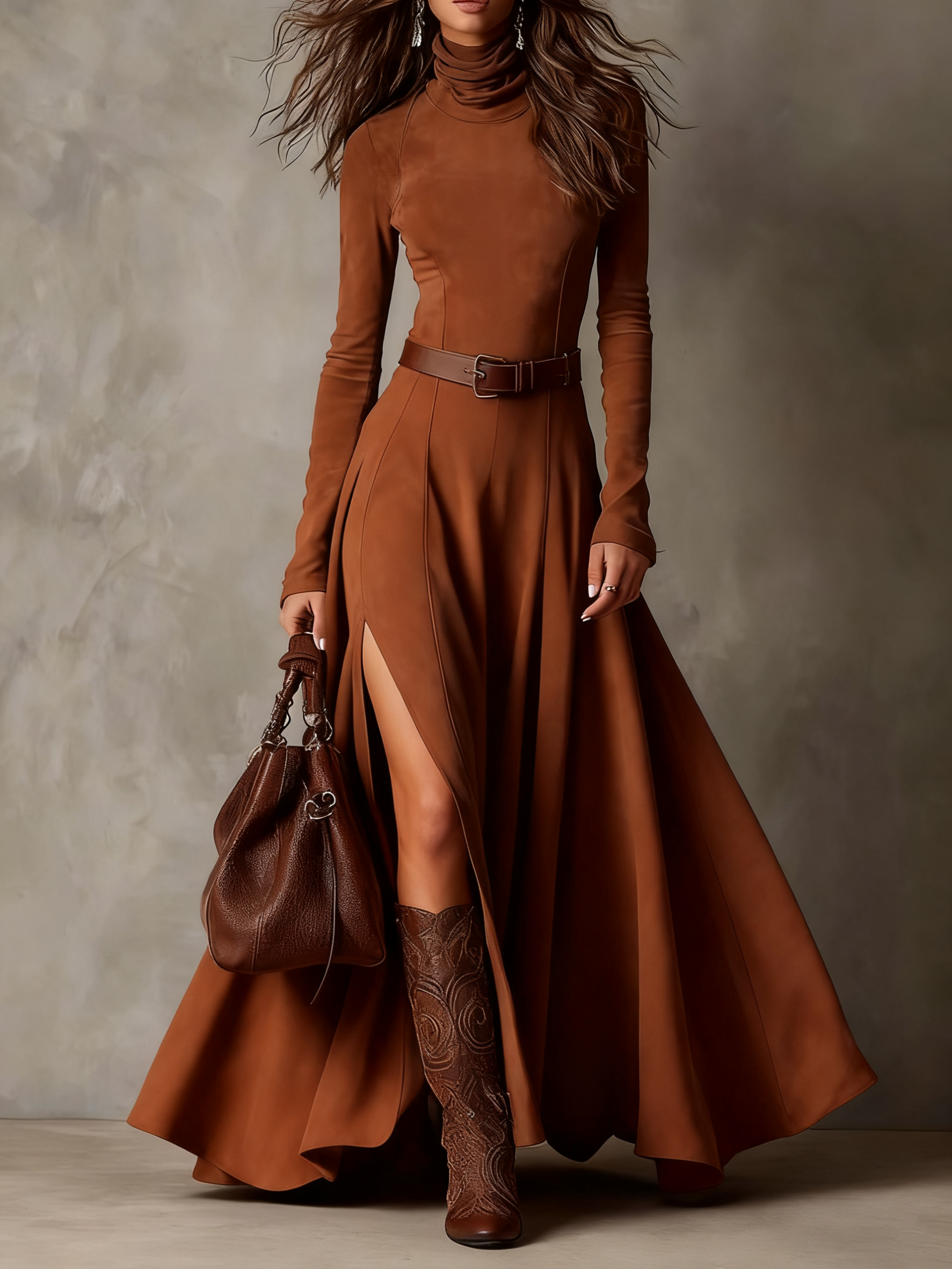 Dark Brown Faux Suede Turtleneck Long Sleeve Slit Maxi Dress（Including belt）-thevervian