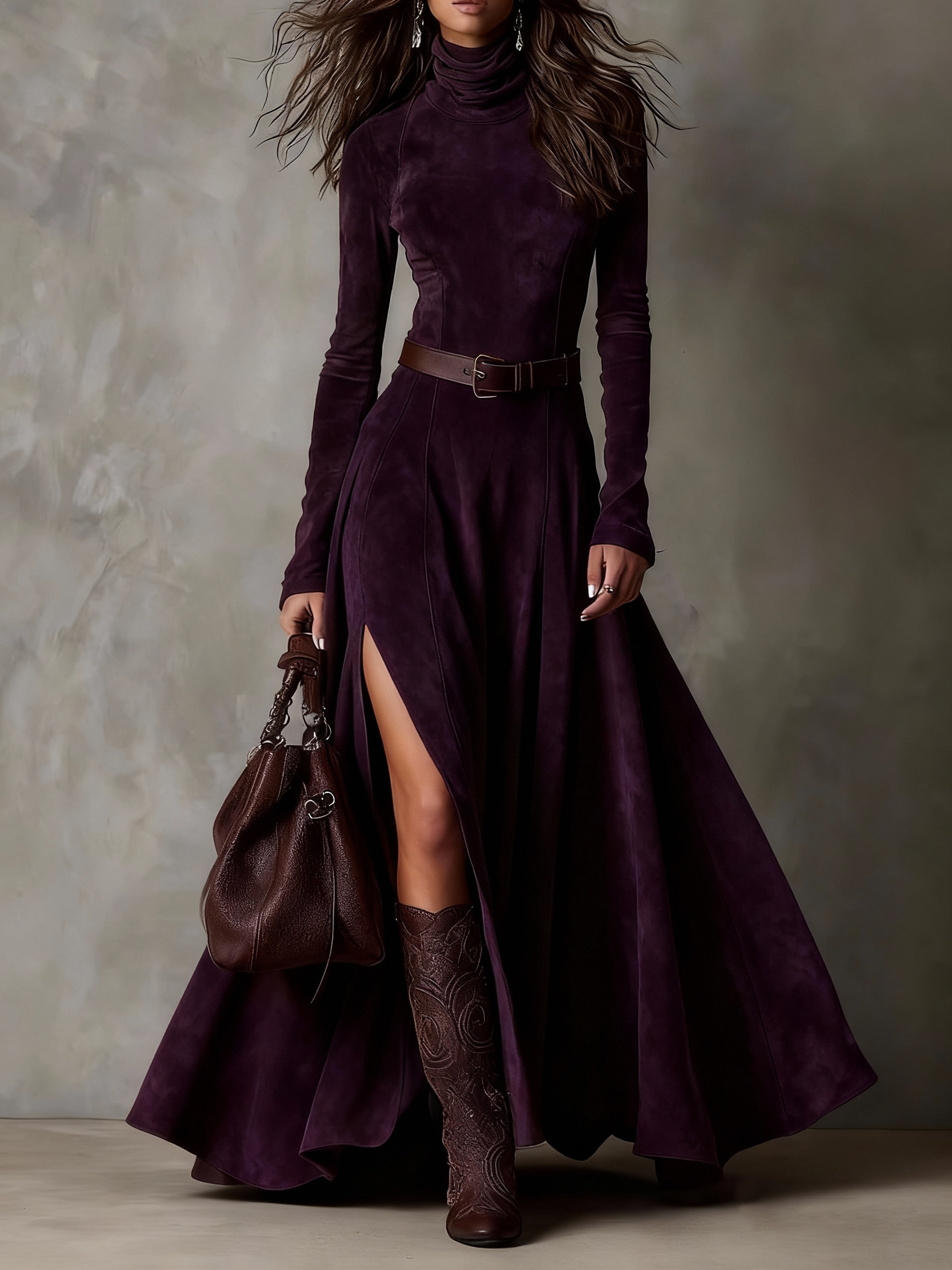 Dark Brown Faux Suede Turtleneck Long Sleeve Slit Maxi Dress（Including belt）-thevervian