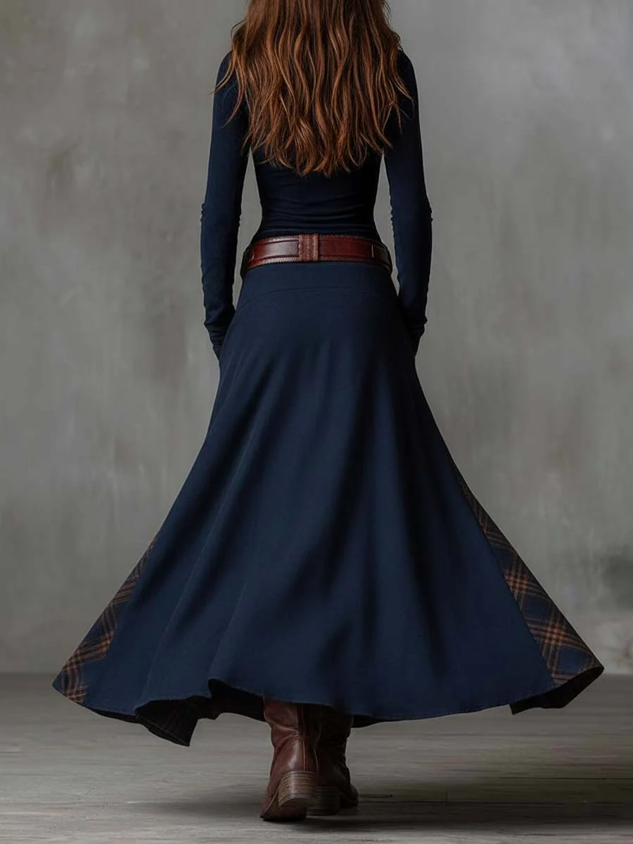 Navy Plaid Paneled Vintage Suede Maxi Dress(with belt)-thevervian