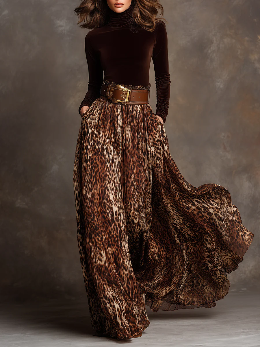 Elegant Velvet Turtleneck Top and Leopard Print Skirt Set-thevervian