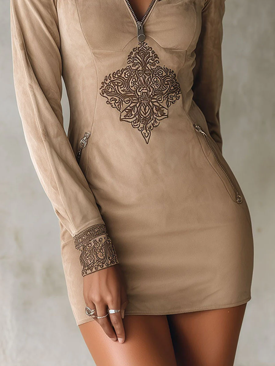Vintage Beige Zipper Embroidered Suede Mini Dress-thevervian