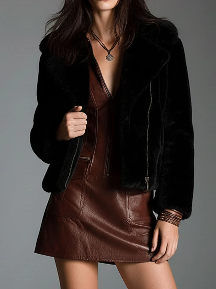 Chocolate Brown Eco-Leather Zip-Up Mini Dress-thevervian