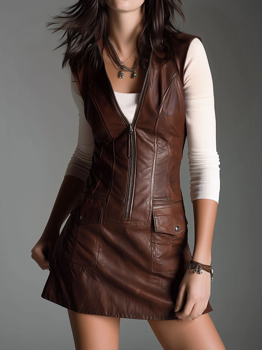 Chocolate Brown Eco-Leather Zip-Up Mini Dress-thevervian