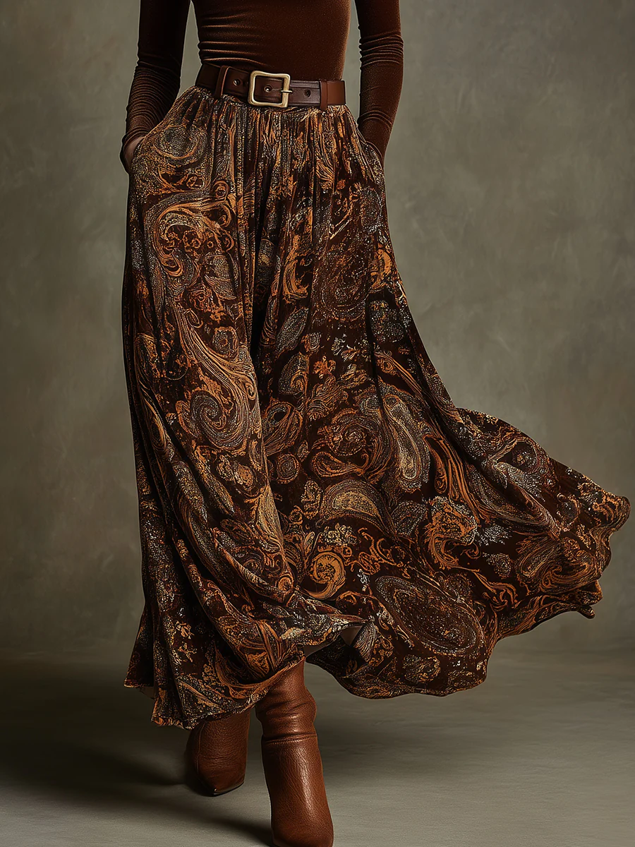 Vintage Stretch Velvet Top and Paisley Print Maxi Skirt Set(with belt)-thevervian