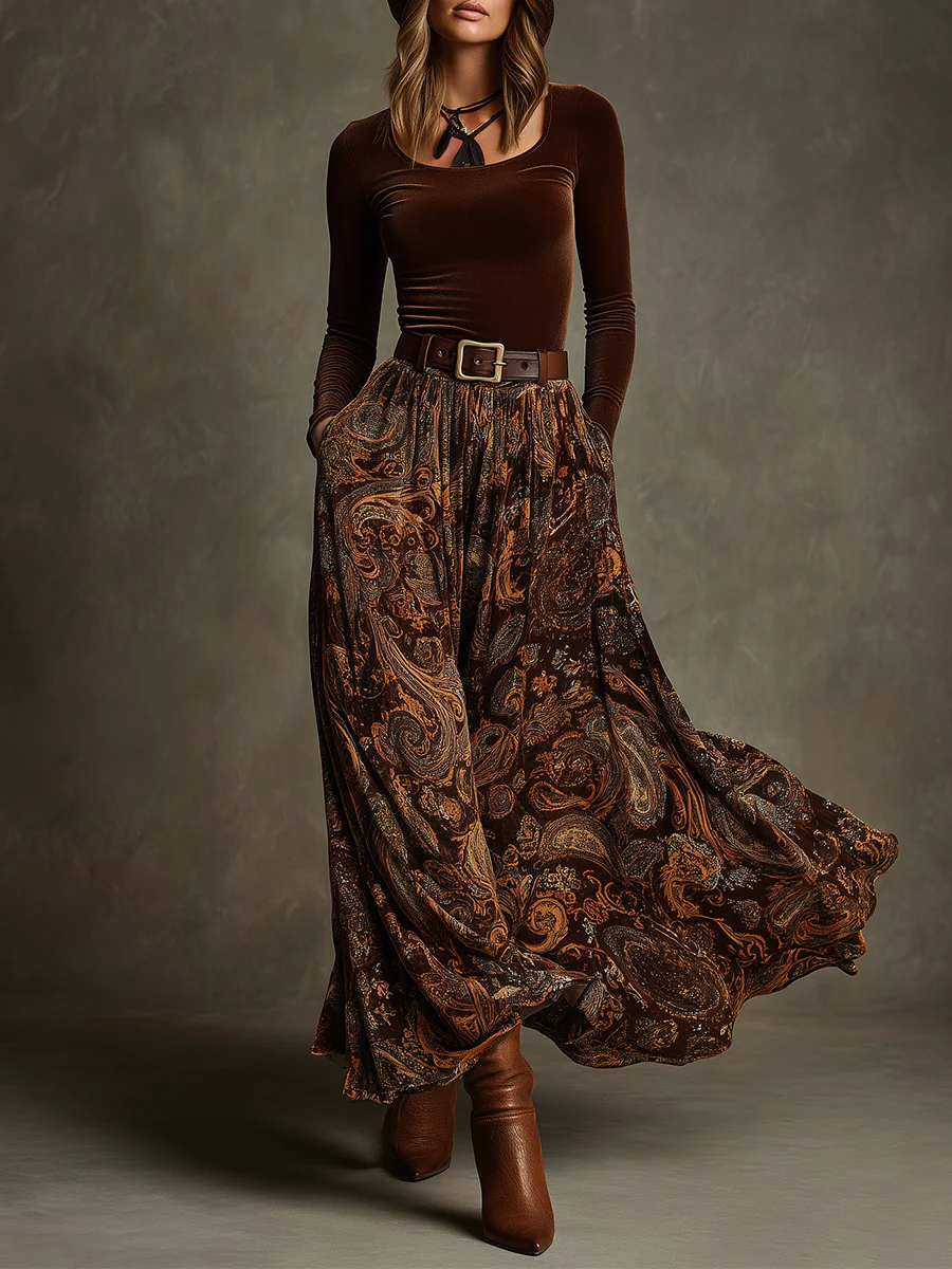 Vintage Stretch Velvet Top and Paisley Print Maxi Skirt Set(with belt)-thevervian