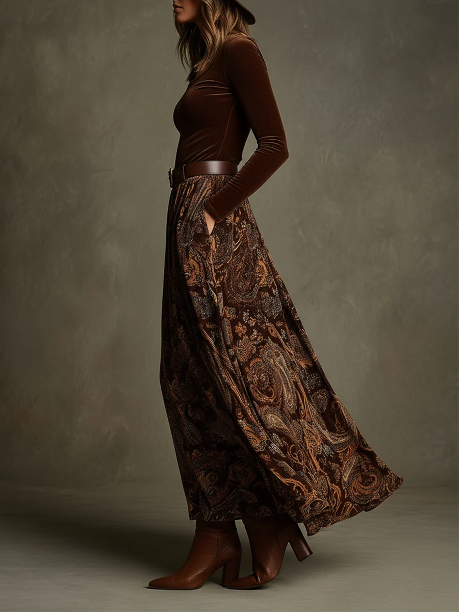Vintage Stretch Velvet Top and Paisley Print Maxi Skirt Set(with belt)-thevervian