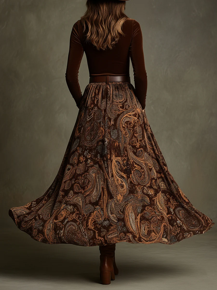 Vintage Stretch Velvet Top and Paisley Print Maxi Skirt Set(with belt)-thevervian