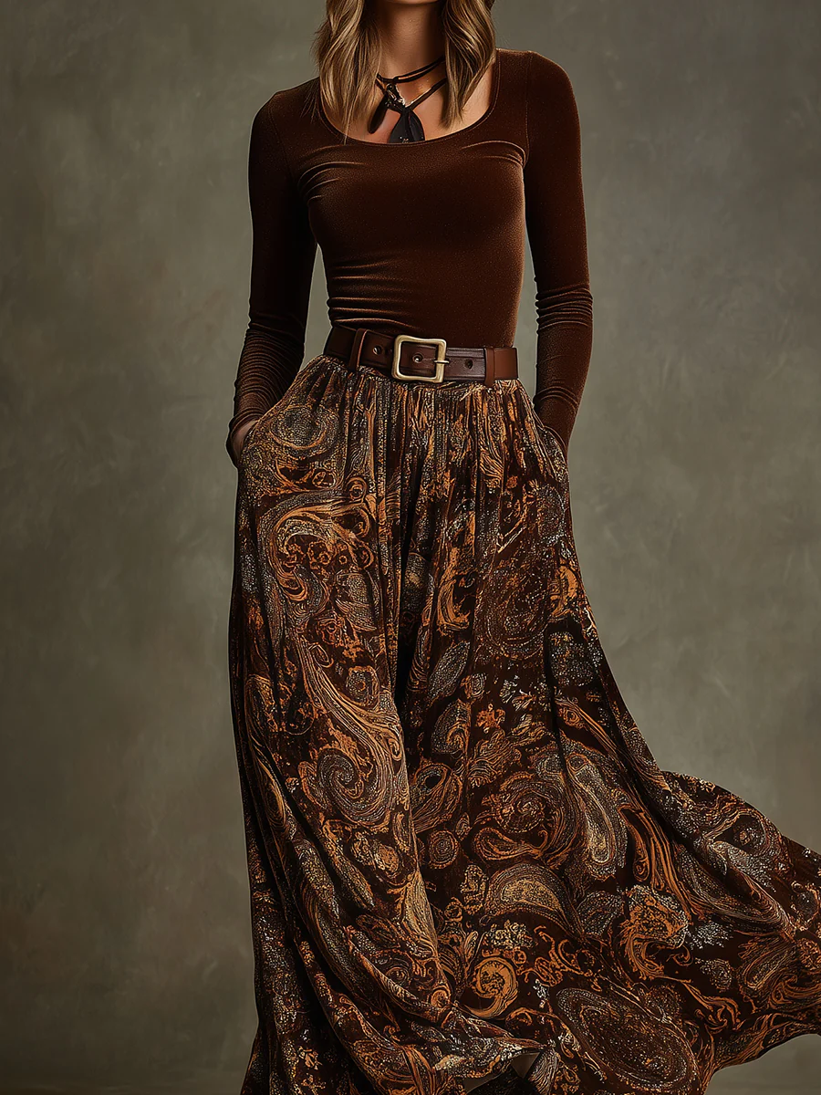 Vintage Stretch Velvet Top and Paisley Print Maxi Skirt Set(with belt)-thevervian