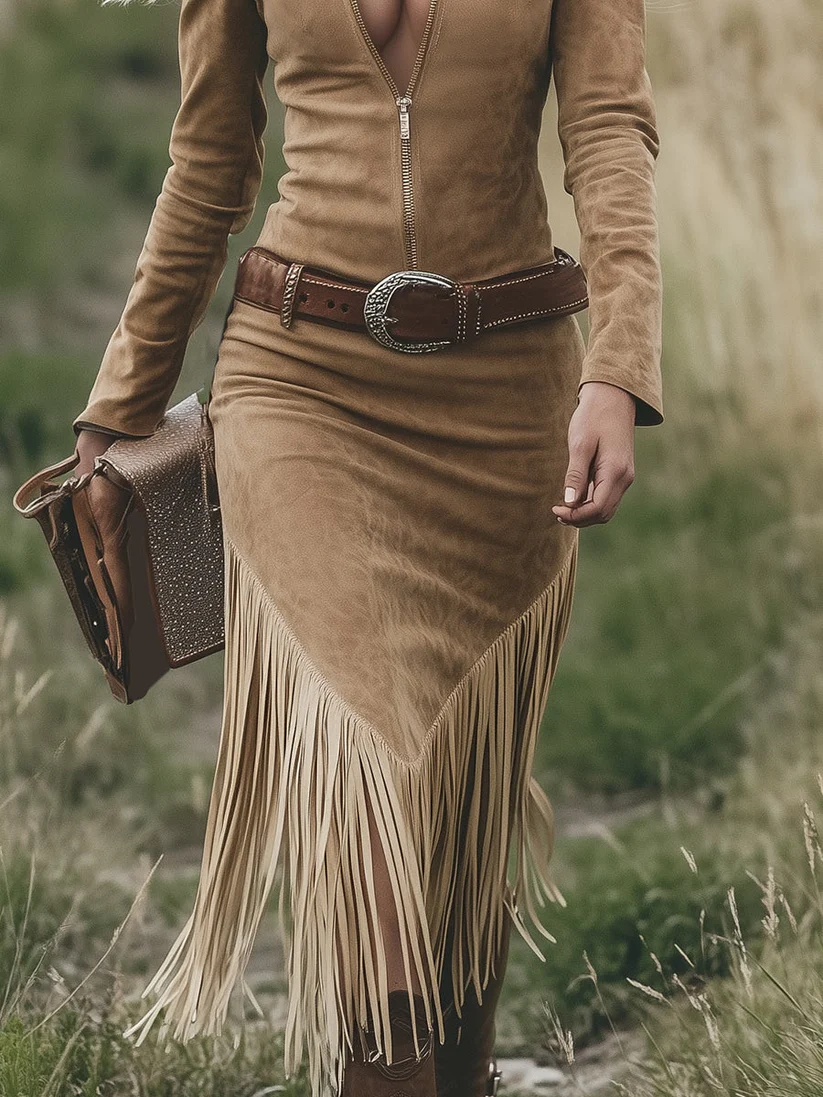 Vintage Western Lapel Zipper Tassel Midi Dress-thevervian