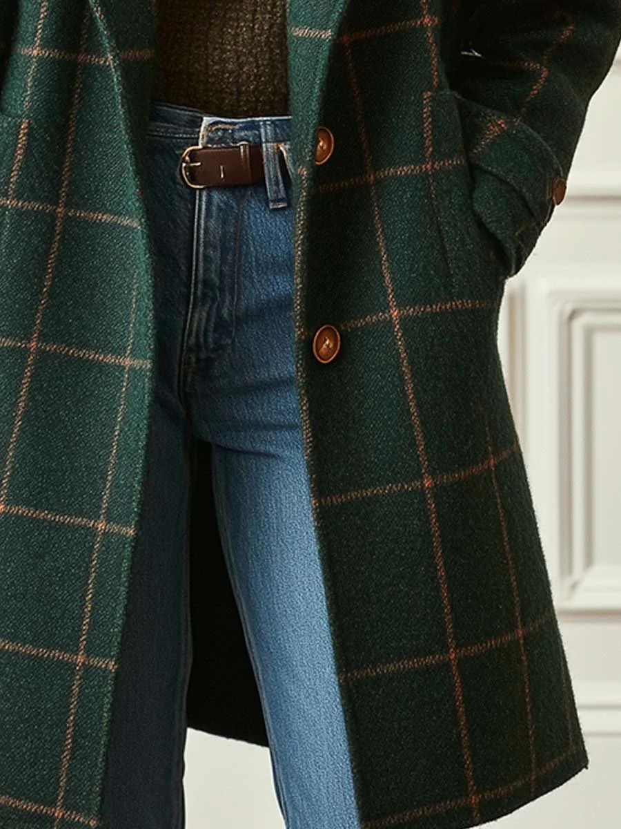 Vintage Green Plaid Lapel Mid-Length Jacket Coat-thevervian