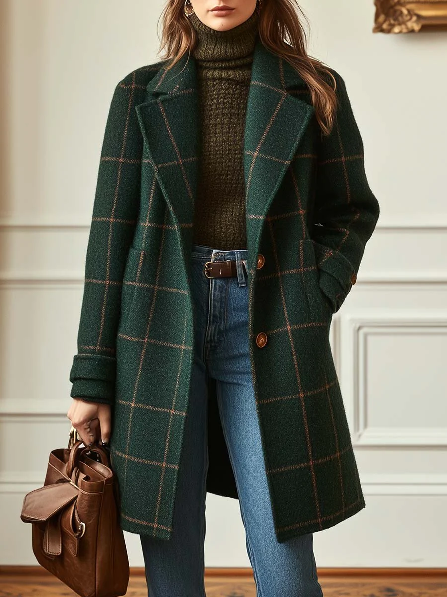 Vintage Green Plaid Lapel Mid-Length Jacket Coat-thevervian