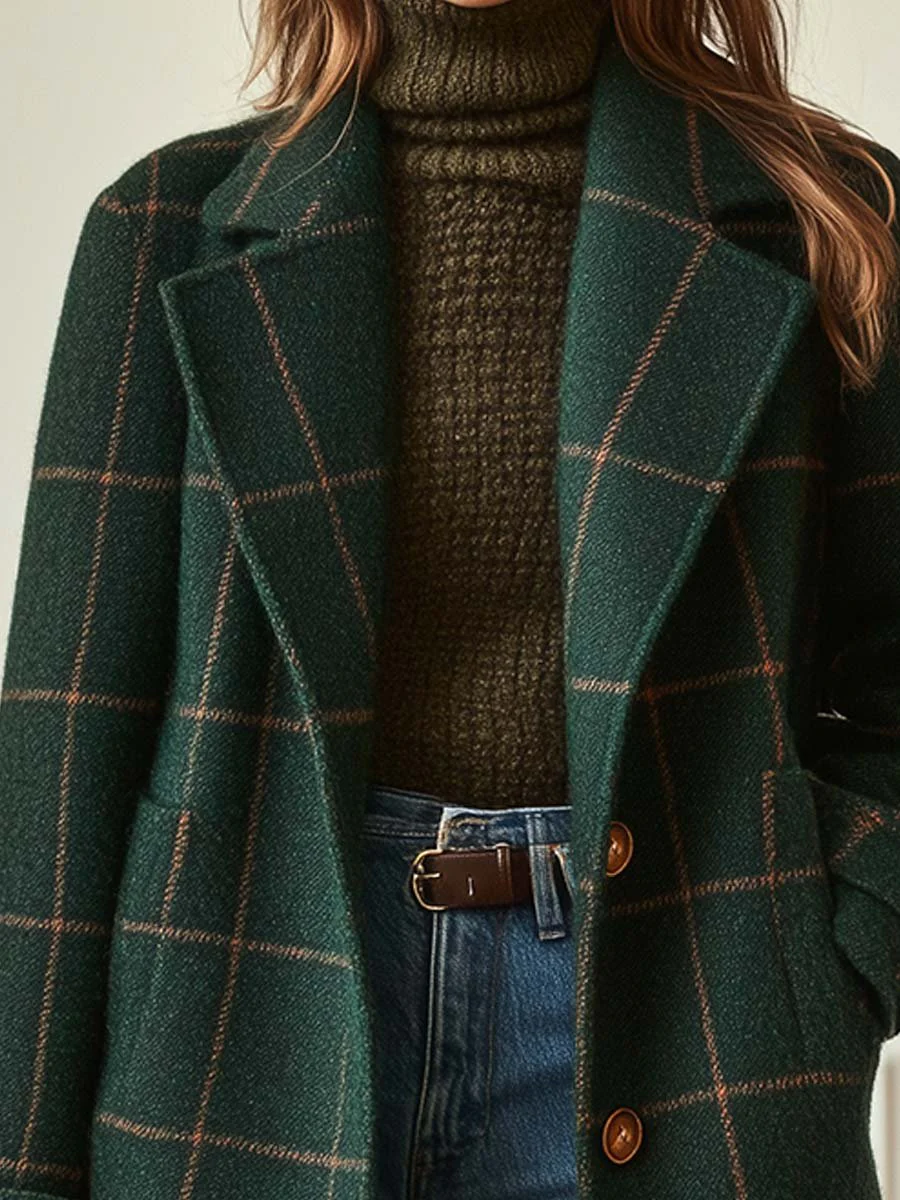 Vintage Green Plaid Lapel Mid-Length Jacket Coat-thevervian