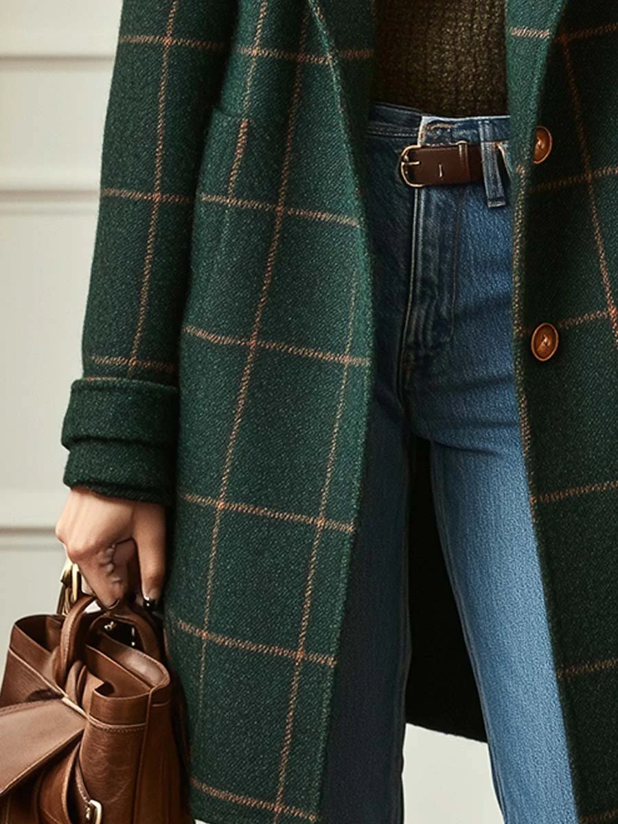 Vintage Green Plaid Lapel Mid-Length Jacket Coat-thevervian
