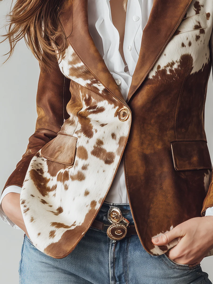 Retro Brown Cow Print Suit Jacket-thevervian