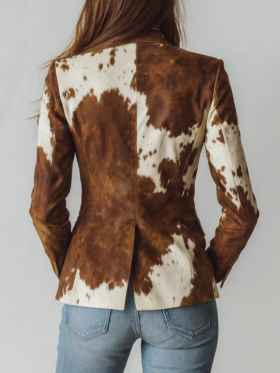 Retro Brown Cow Print Suit Jacket-thevervian