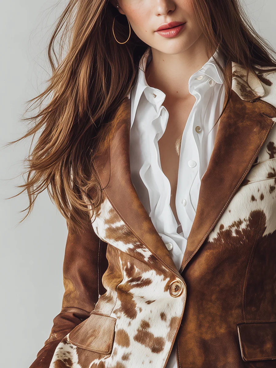 Retro Brown Cow Print Suit Jacket-thevervian