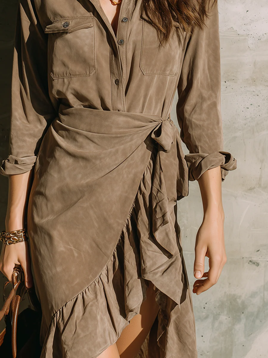 Retro Khaki Collared Ruffled Faux Suede Mini Dress-thevervian