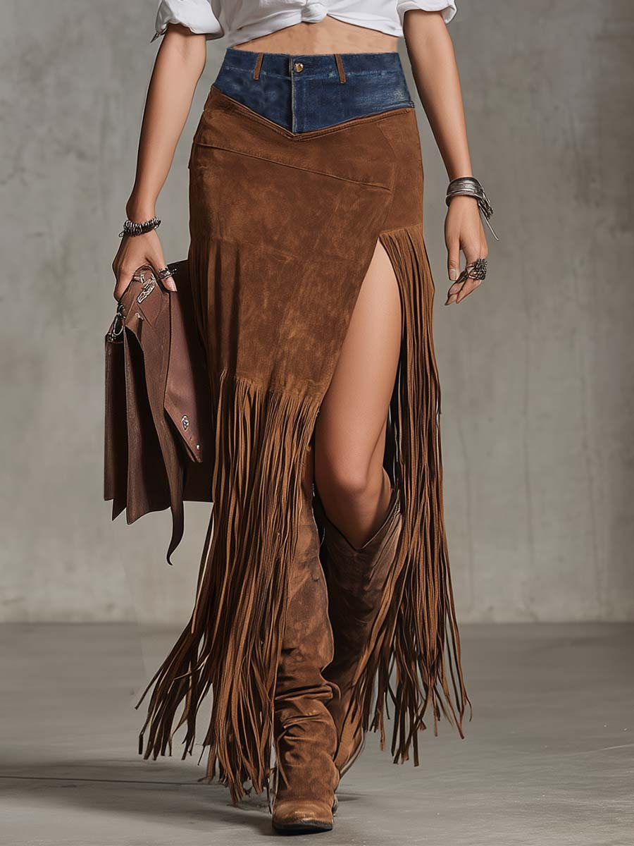 Fringe-trimmed Faux Denim Irregular Suede Midi Skirt-thevervian