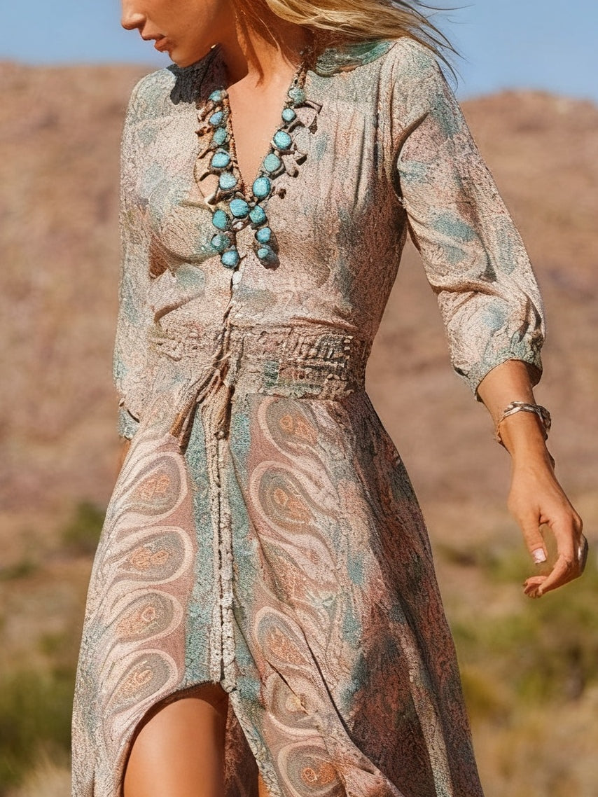 Western Style Boho Print Slit Maxi Dress-thevervian