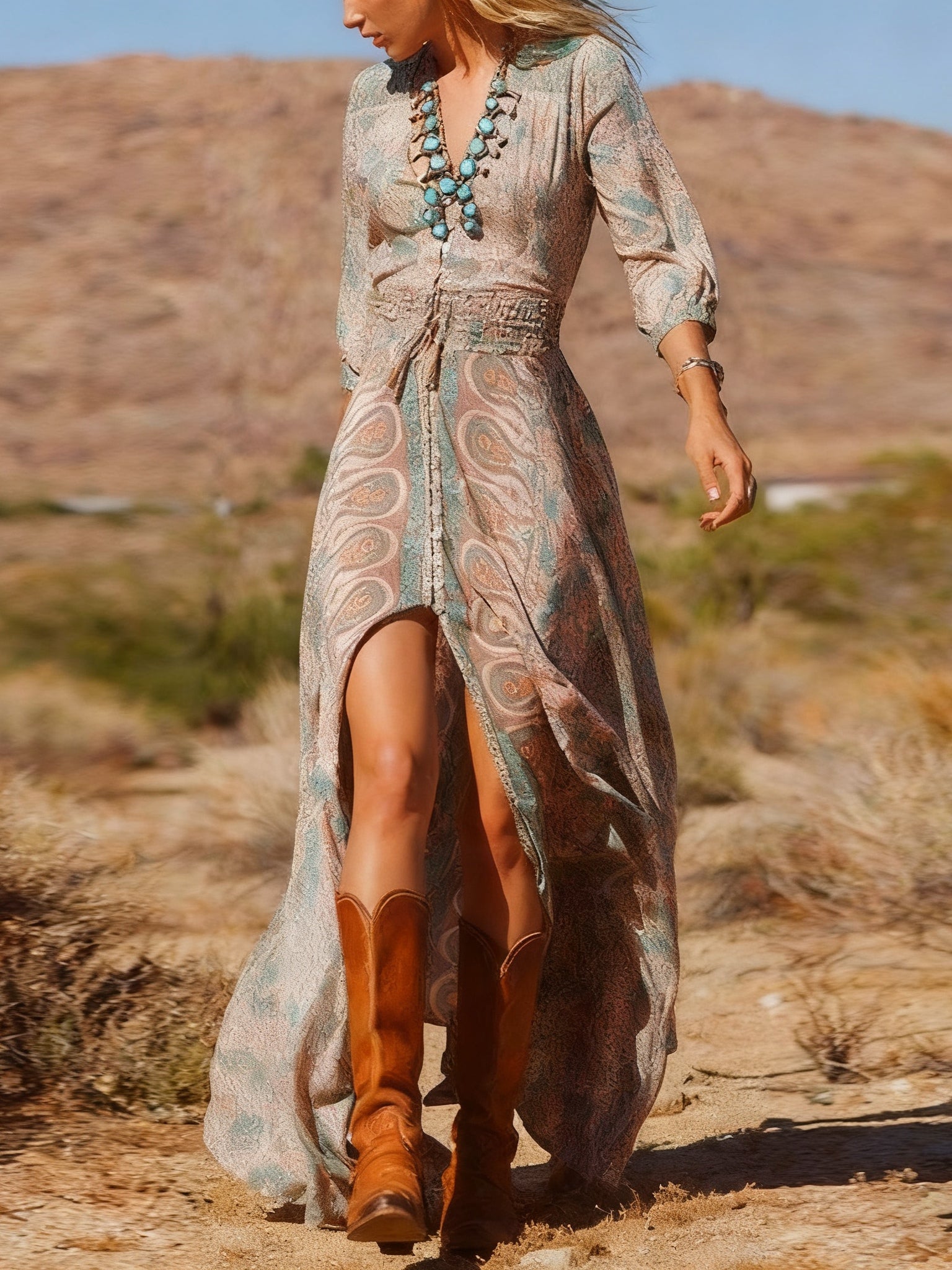 Western Style Boho Print Slit Maxi Dress-thevervian