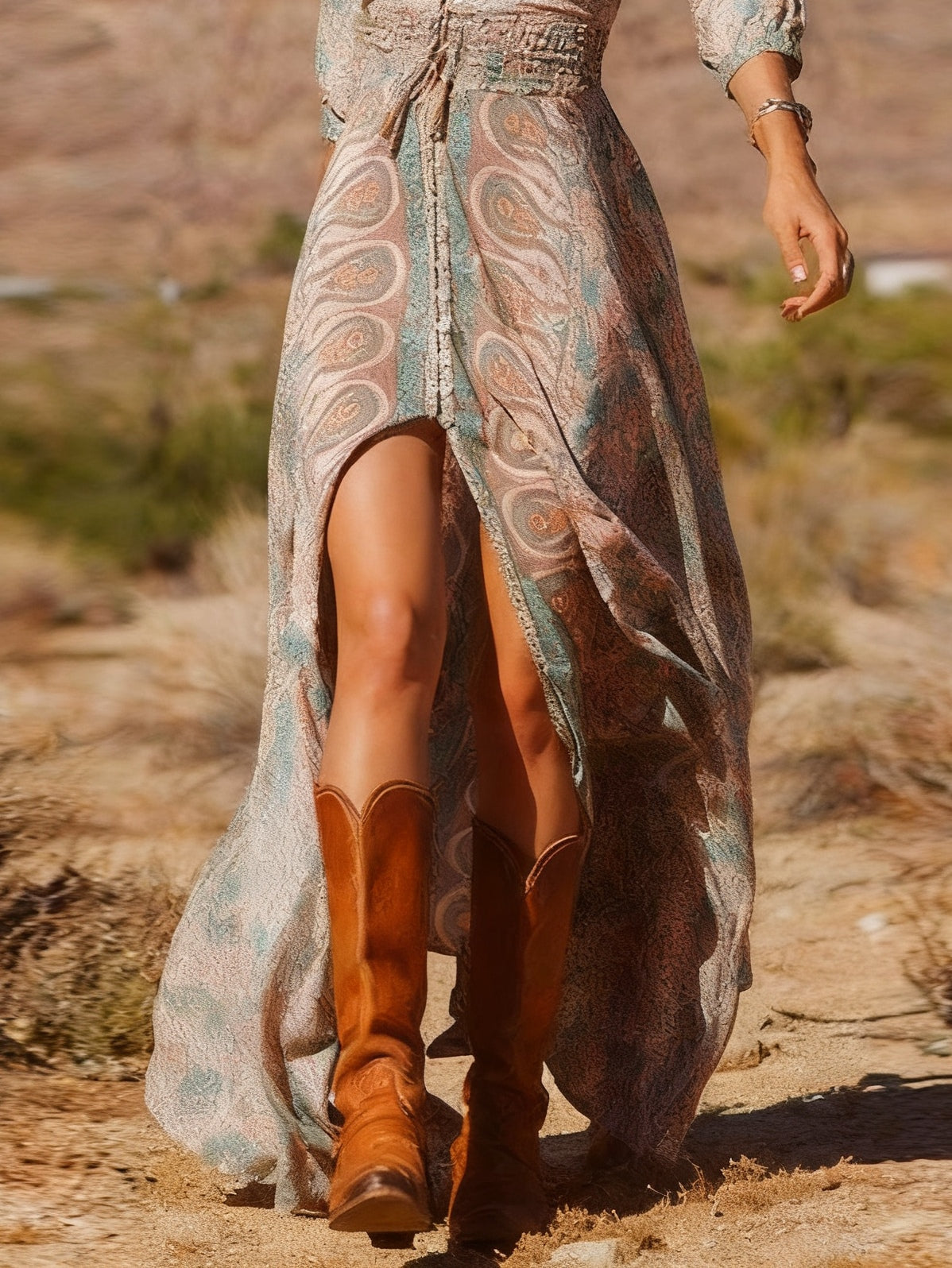 Western Style Boho Print Slit Maxi Dress-thevervian