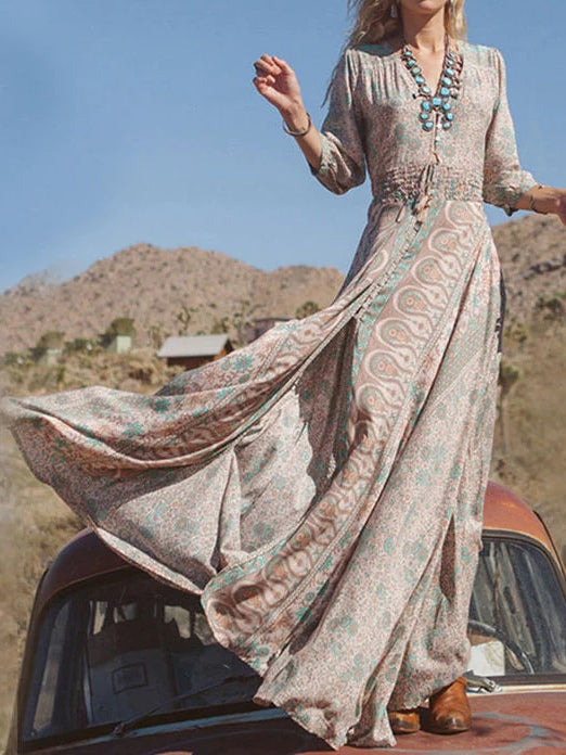 Western Style Boho Print Slit Maxi Dress-thevervian