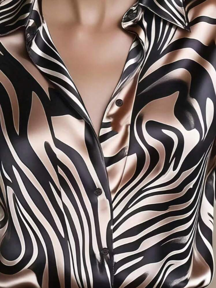 Elegant Satin Collar Zebra Print Shirt-thevervian
