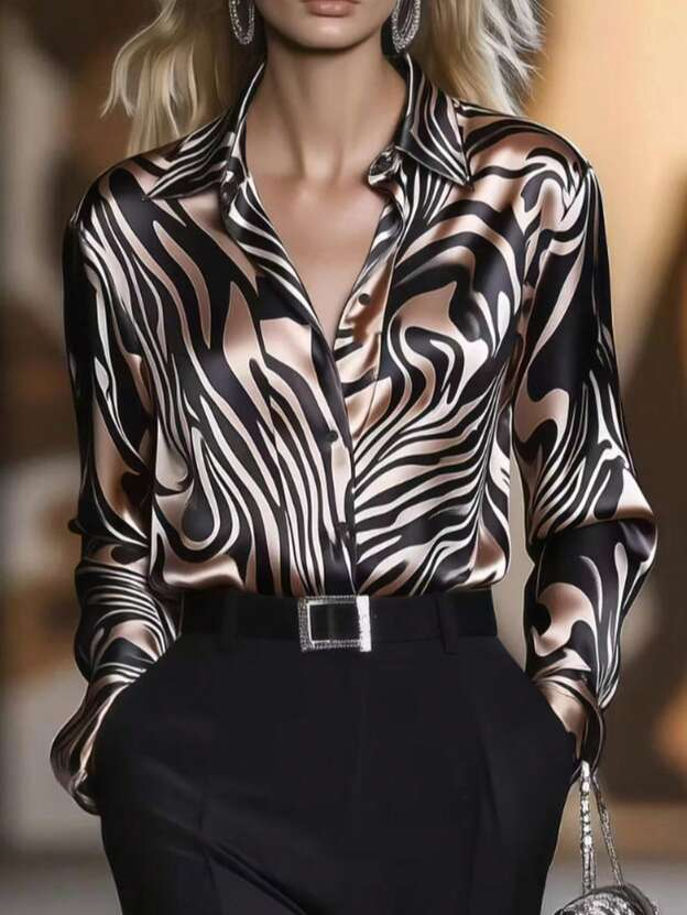 Elegant Satin Collar Zebra Print Shirt-thevervian
