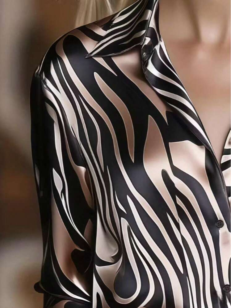 Elegant Satin Collar Zebra Print Shirt-thevervian