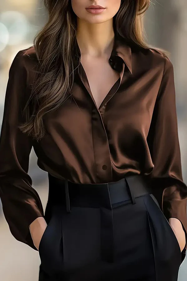 Satin Solid Color Long-sleeved Elegant Casual Shirt-thevervian
