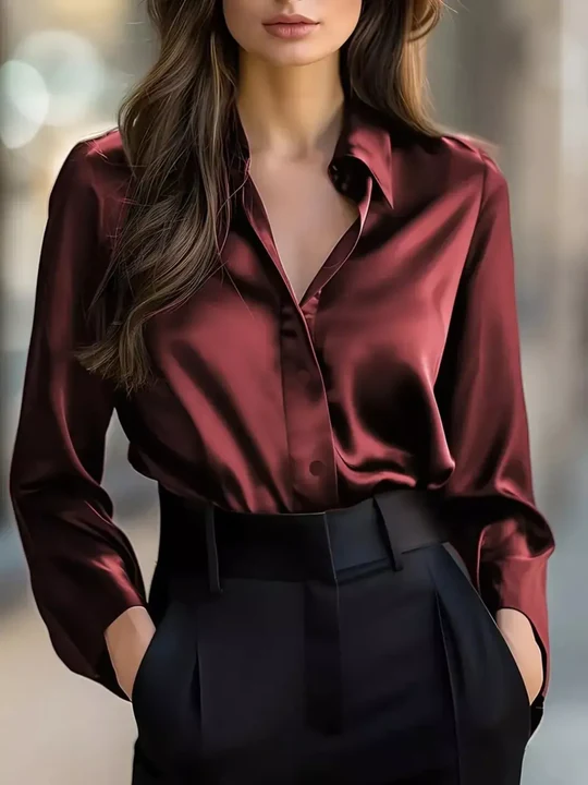 Satin Solid Color Long-sleeved Elegant Casual Shirt-thevervian