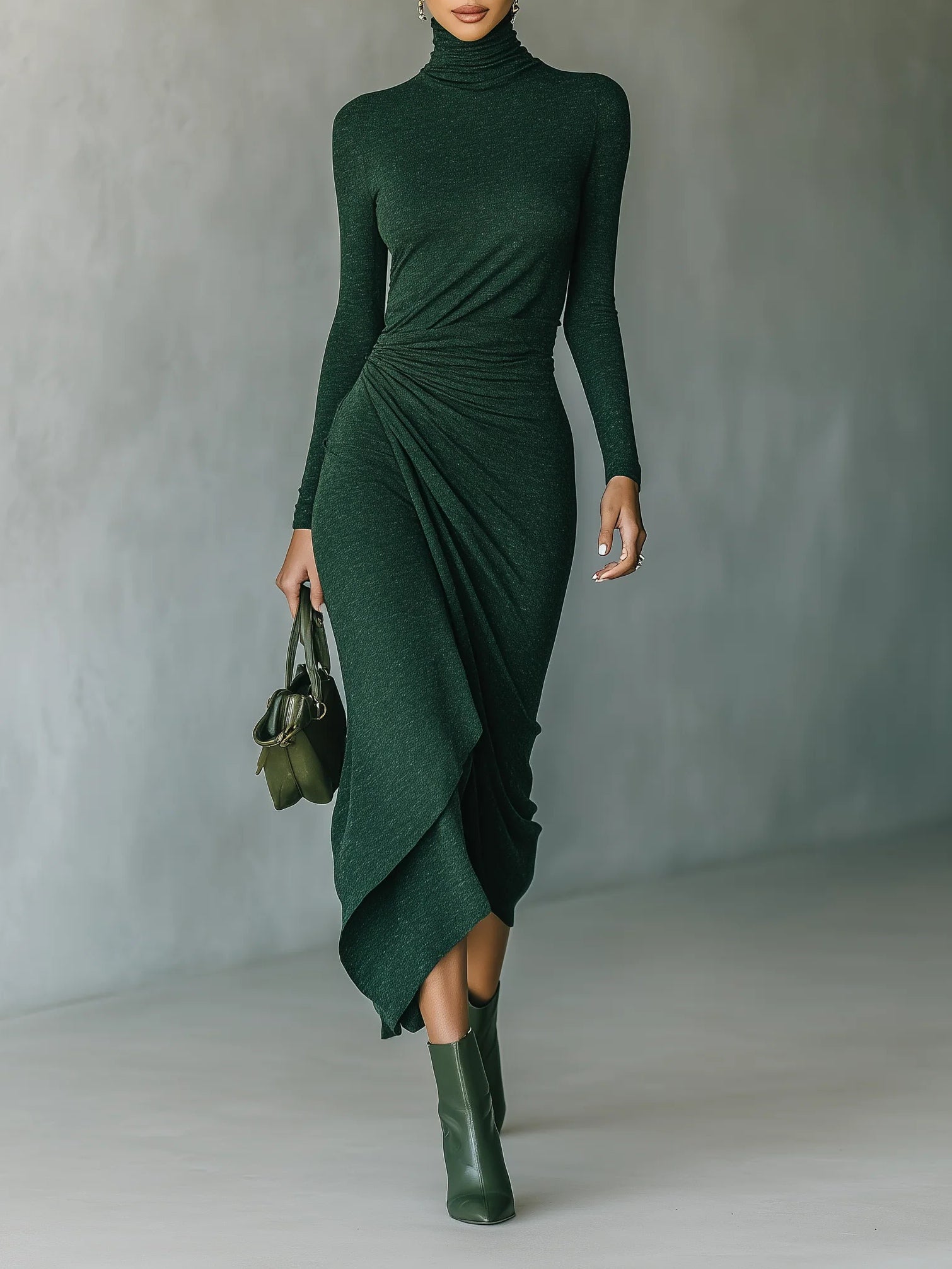 Dark Green Turtleneck Pleated Irregular Wrap Midi Dress-thevervian