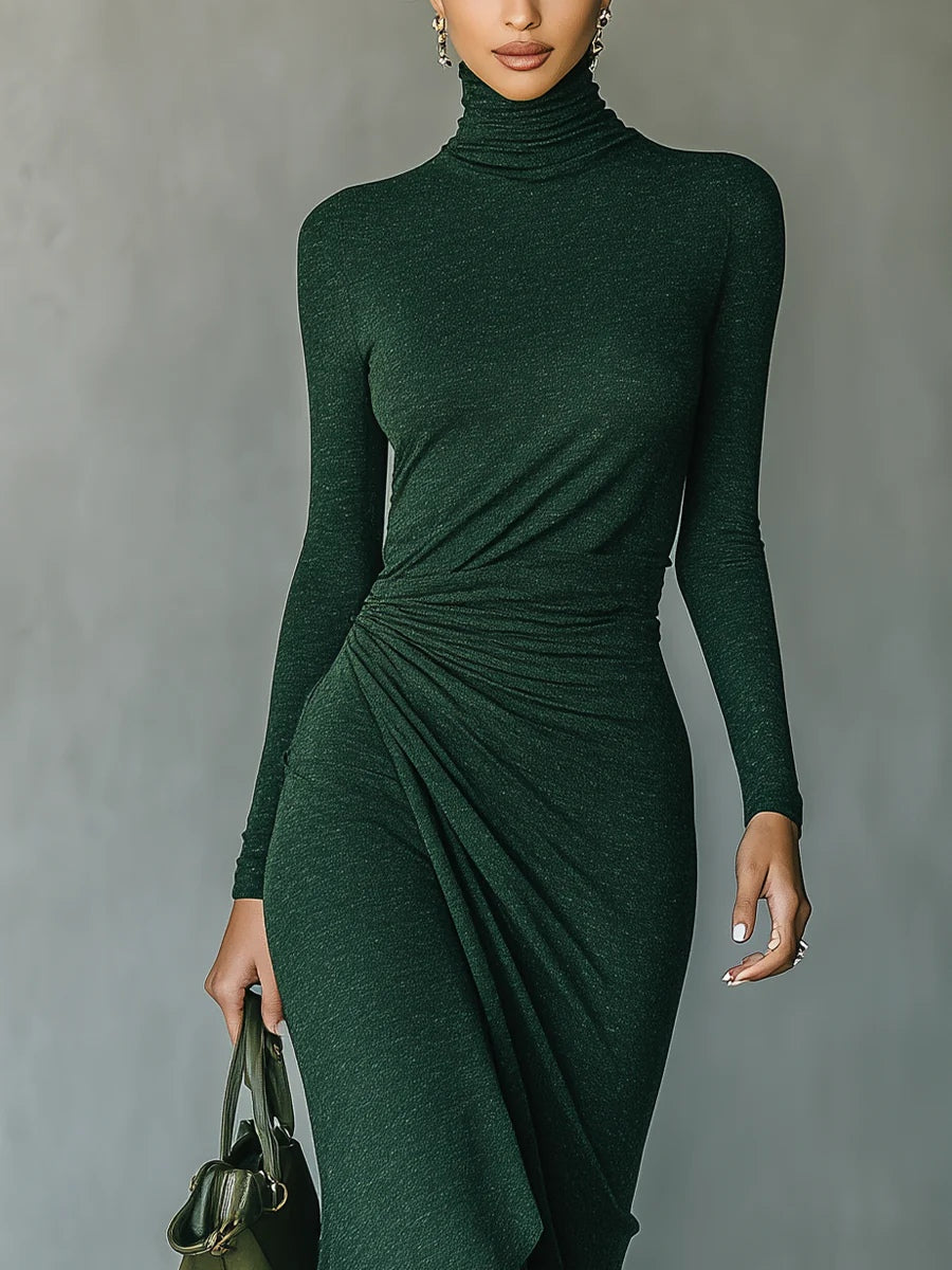 Dark Green Turtleneck Pleated Irregular Wrap Midi Dress-thevervian