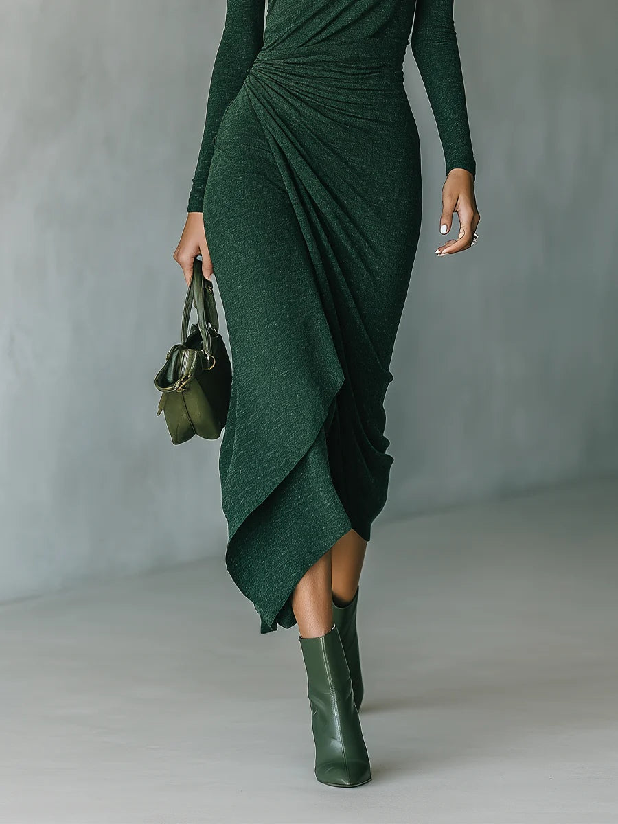 Dark Green Turtleneck Pleated Irregular Wrap Midi Dress-thevervian