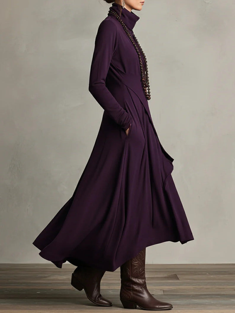 Purple High-neck Asymmetrical Pleated Maxi Dress（Necklace not included）-thevervian
