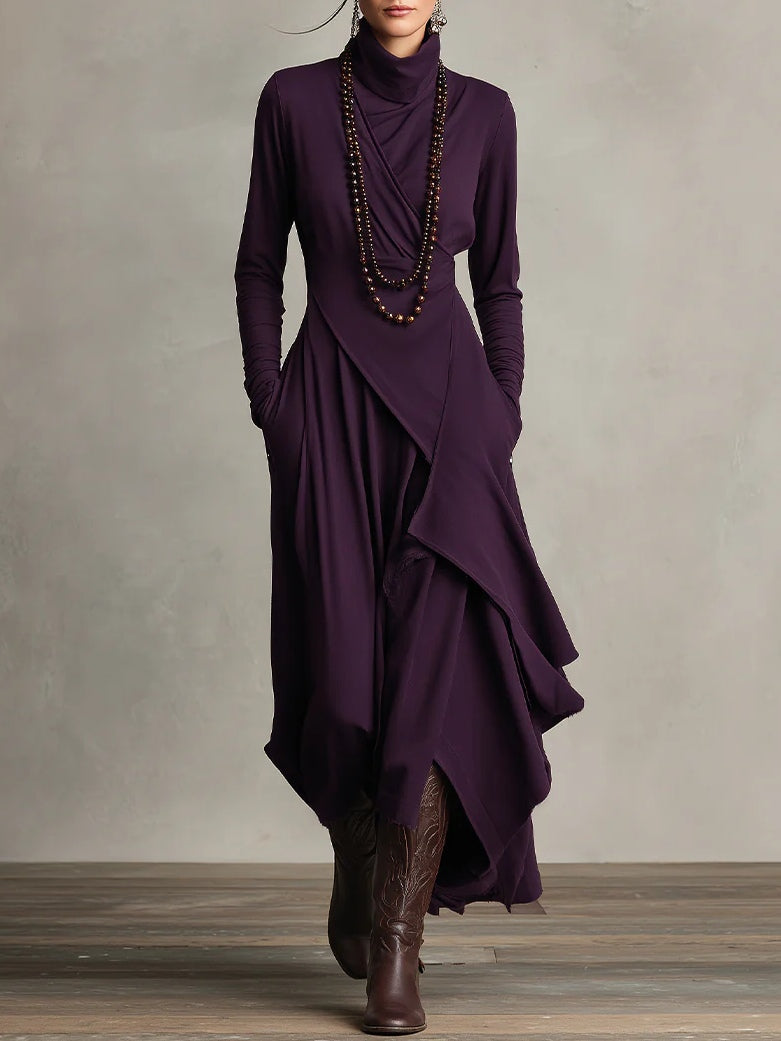 Purple High-neck Asymmetrical Pleated Maxi Dress（Necklace not included）-thevervian