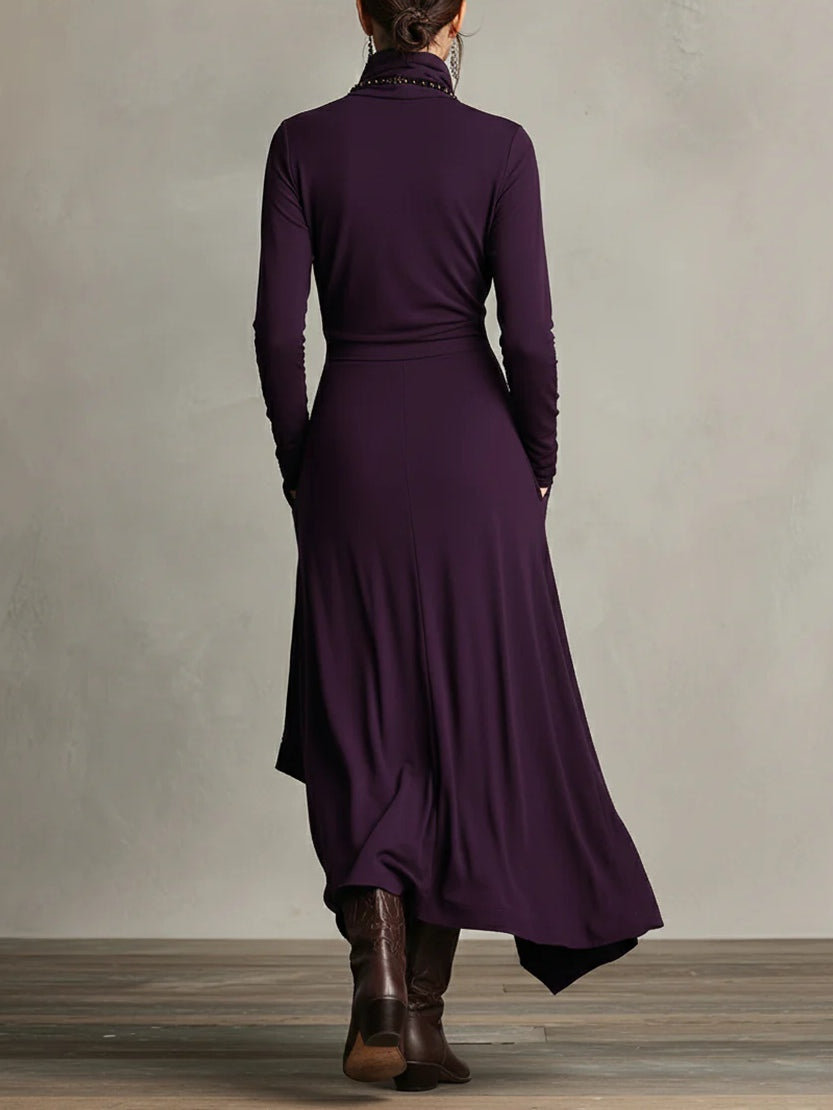 Purple High-neck Asymmetrical Pleated Maxi Dress（Necklace not included）-thevervian